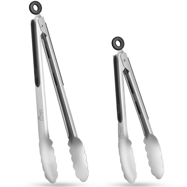 Hotec Stainless Steel Kitchen Tongs Set of 2 - 9" and 12", Locking Metal Food Tongs Non-Slip Grip