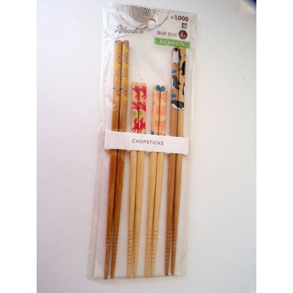 4 Pairs Set Bamboo Chopsticks Pets Kids Reusable with animal prints.