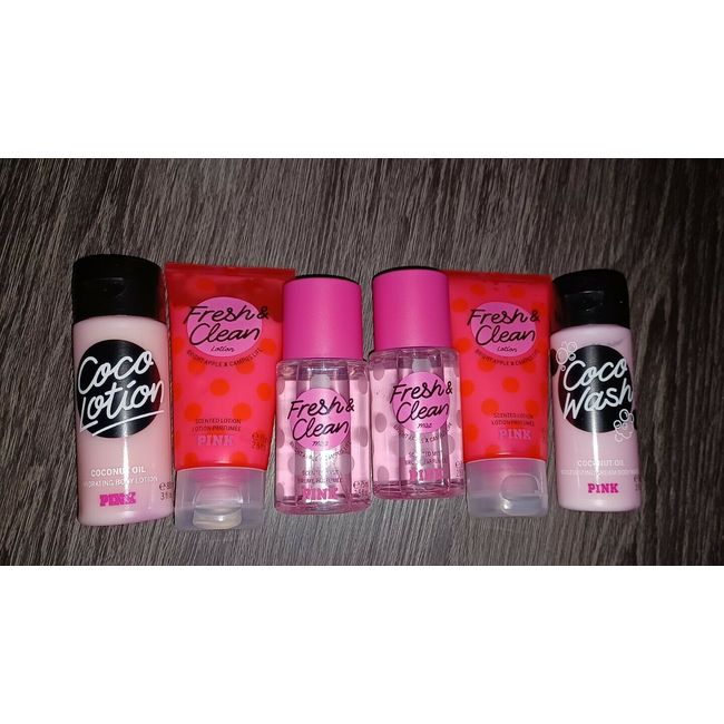 Vs pink 6pc travel beauty lot NEW coco lotion & wash fresh clean mist & lotion