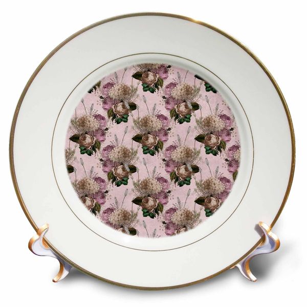 3dRose 8 inch Porcelain Plate - Pretty Pink and Cream Hydrangea Floral Pattern Patterns