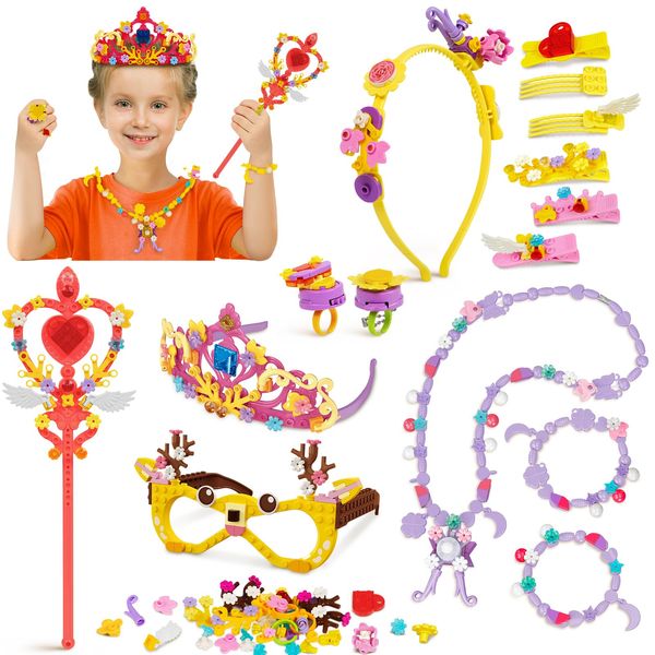 Building Jewelry Craft Toys for Girls DIY Making Kit Princess Building blocks Stem Educational Toys Dress Up Girl Toys for 5 6 7 8 9 Year Old 6-8 8-10 Birthday Gift Idea Party Favor Crown Wand