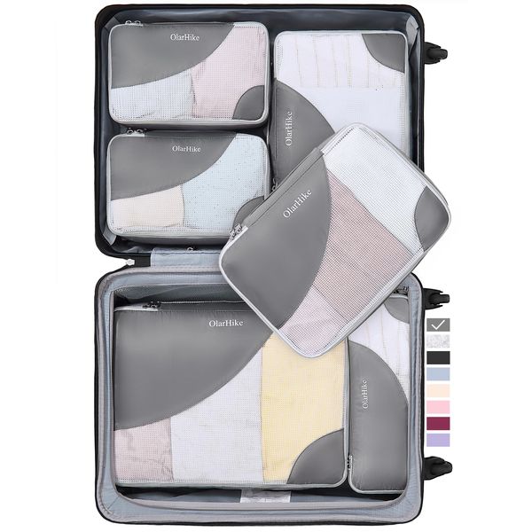 6 Set Packing Cubes for Travel, OlarHike 4 Various Sizes(Large,Medium,Small,Slim) Luggage Organizer Bags for Travel Accessories Travel Essentials, Travel Cubes for Carry on Suitcases (Grey)