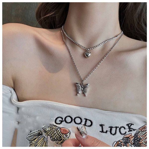 Iaceble Punk Layered Butterfly Choker Necklace Rhinestone Tennis Chain Necklace Silver Puffy Heart Pendant Necklace Choker Boho Crystal Clavicle Necklace Jewelry for Women and Girls 2 Pcs