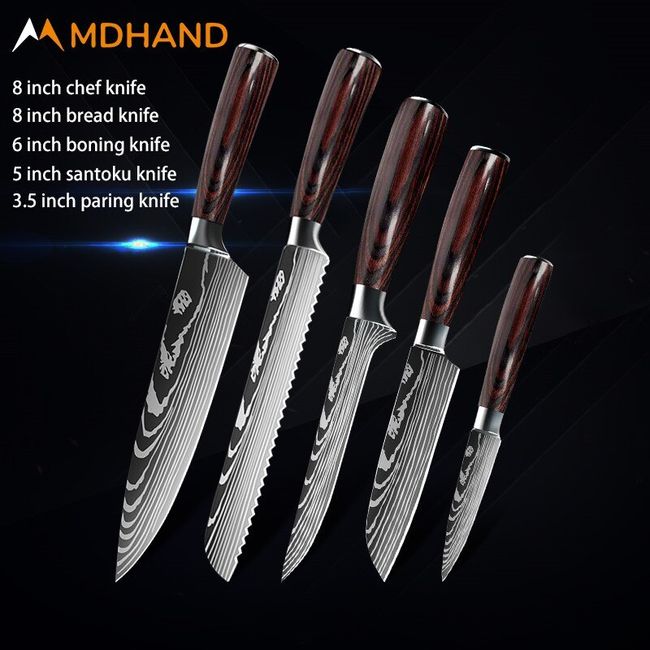 Kitchen Knife Set Damascus Kitchen Knife 7CR17 440C High Carbon Stainless  Steel Sanding Laser Pattern Stainless Steel Knife Kitchen Knife Chef Knives  Japanese Wood Handle with Knife Cover
