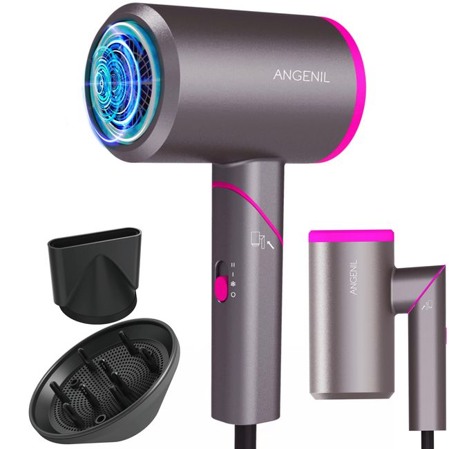 ANGENIL Hair Dryer Ionic Blow Dryer, Magnetic Nozzle & Diffuser Hair Dryer for Curly Hair, Fast Drying Low Noise, Professional Travel Hair Dryer, Foldable Handle, 3 Constant Temp Without Hair Damage