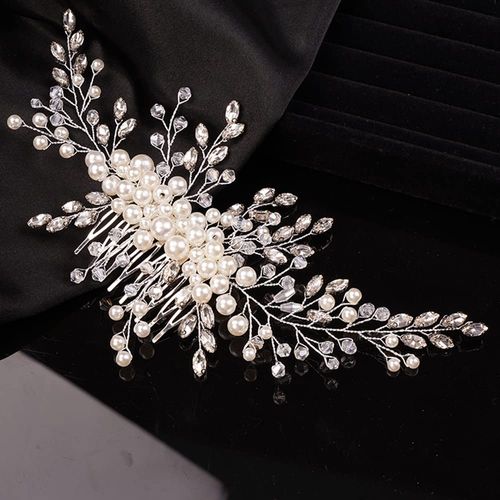 Teyglen Bridal Crystal Hair Comb Crystal Pearl Hair Pieces Bride Wedding Side Hair Comb Handmade Rhinestone Pearl Beads Headpieces Luxurious Hair Accessories for Brides Women Girls (Silver)