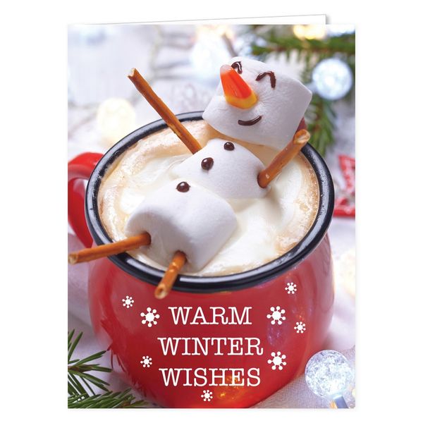 Cocoa Snowman Holiday Card Pack / 25 Winter Wishes Cards Set/Hot Chocolate Marshmallows Design With Inside Verse / 4 5/8" x 6 1/4" Christmas Cards With White Envelopes