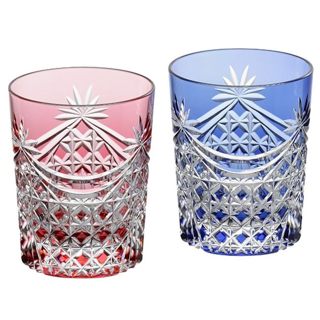 Kagami Crystal TPS370-2835AB Pair Rock Glass, Red and Blue, 8.5 fl oz (240 cc), Edo Kiriko with Square Basket Crest on the Drapes