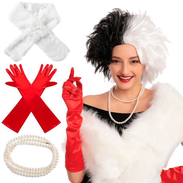 Spooktacular Creations Women Black and White Wig Set with Shawl, Gloves, Necklace and Cigarette Holder Short Bob Wavy Wig Cruel Lady Halloween Wig Cosplay Party Costume Synthetic Wig