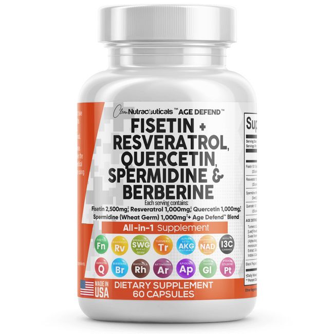 Fisetin 2500mg Quercetin 1000mg Resveratrol 1000mg Spemidine Wheat Germ Extract 1000mg - Healthy Aging Support Supplement for Adults with Berberine Collagen Rhodiola Apigenin