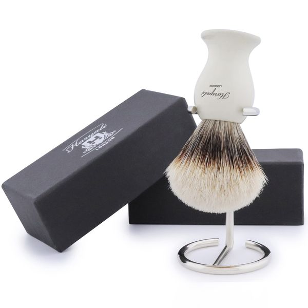 Haryali London Shaving Kit - 2 Pc Shaving Kit - Silvertip Badger Shaving Brush - Stainless Steel Shaving Stand - Elegant Design Shaving Brush with Shaving Stand - Ivory Color Shaving Set