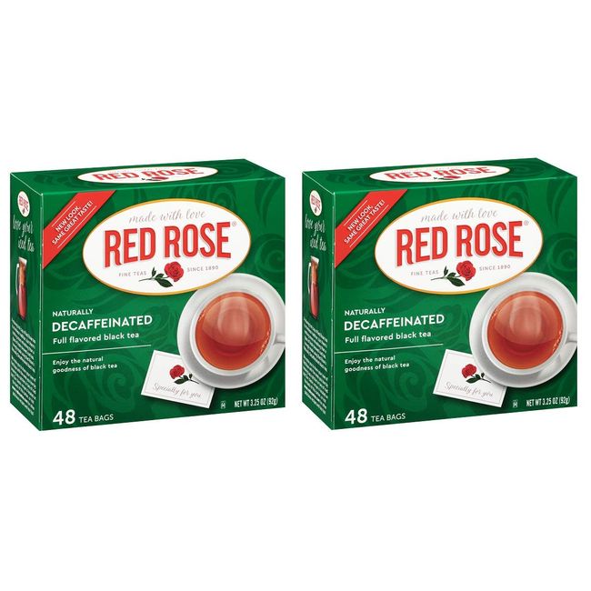 Red Rose Naturally Decaffeinated Black Tea Bags - 48 Count - Pack of 2 (96 Tea Bags Total)