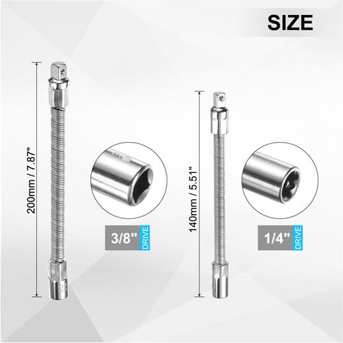 uxcell 1/4" 3/8" Drive Socket Extension Bar Set Spring Steel Chrome Plating Flexible Extension-Bar Set Universal Joint Socket Extensions for Loosening and Tightening Silver 2-Piece Set
