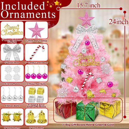 Valentines Day Decorations 24 Inch/2FT Pink Small Valentines Tree Decor,Warm White&Colored Lights Timer Remote Control Orantments Gift Boxes 8 Mode Artificial Mini Tabletop Tree Valentines Day Decor