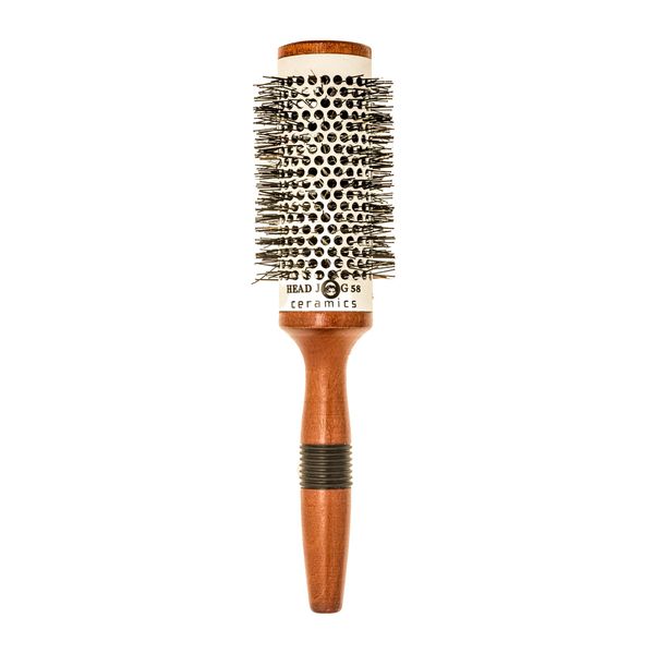 Head Jog 58. 43mm Ceramic Wooden Radial Round Brush. Styling & Volumising Hair Tool With Nylon Bristle & Vented, Ceramic Barrel For Smooth Hair With Shine.