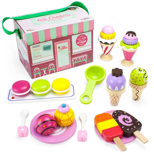 Wood Eats! Wooden Play Food Traveling Ice Cream Parlor Playset with Popsicles, Ice Cream Sandwiches, and Sundaes (25pcs.) by Imagination Generation