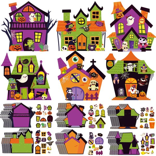 Pajean 48 Packs Halloween Craft Kits for Kids Halloween Haunted House Craft Kit Make Your Own Haunted House Craft DIY Halloween Craft Stickers for Kids Classroom Favors Activities