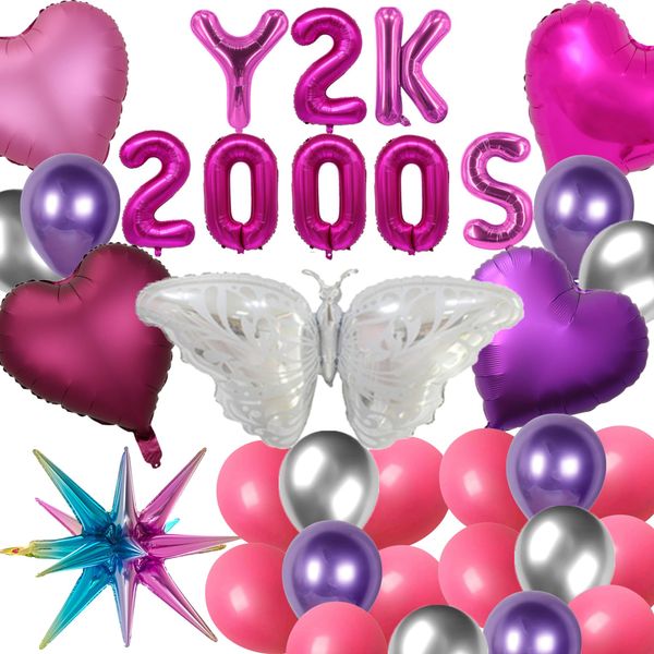 Y2k Party Balloons Decorations 2000s Party Supplies Y2k 2000s Banner Butterfly Radio Ice Skates Heart Foil Balloon Metallic Latex Balloons for Teen Girls Women Y2k Party Favor (Rose red)