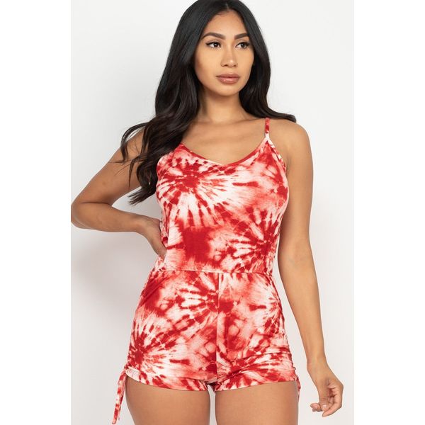 Tie-dye Ruched Drawstring Summer Romper - M