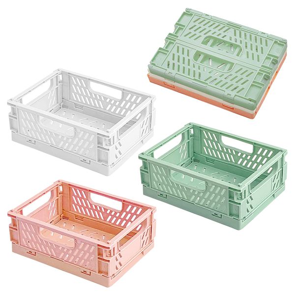 3 Pack Folding Storage Baskets, Small Plastic Baskets, Mini Desktop Organizer Basket for Home Office Kitchen Bathroom Grocery (White, Green, Pink)