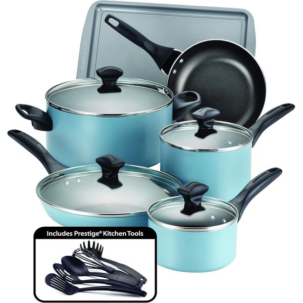 Dishwasher Safe Nonstick Cookware Pots and Pans Set, 15 Piece, Aqua