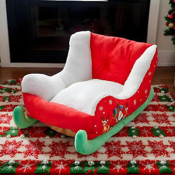 Red Christmas Cat Dog Bed Cute Sleigh Design Pet Bed Soft For Snuggling& Napping