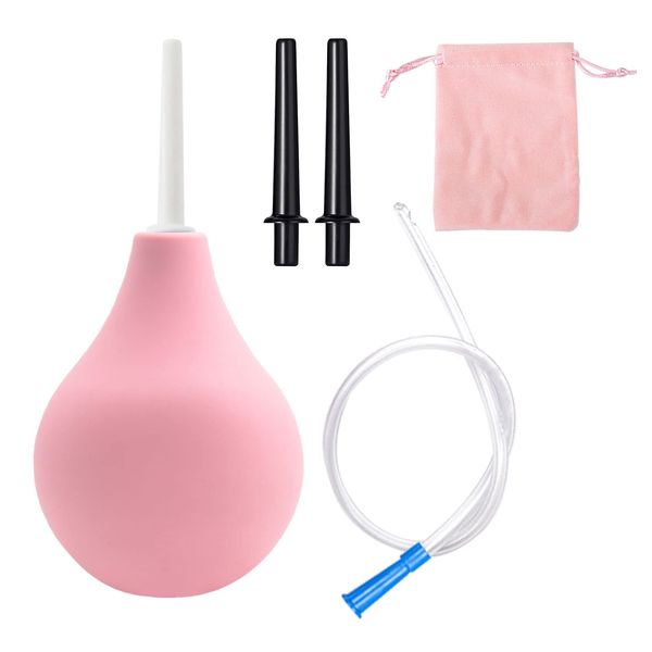 MIVAIUN 225 ML Bulb Douche Set for Men Women, 2 X Reusable Slim Nozzle, 1 X Long Tube Hose Nozzles and 1 X Storage Bag, Silicone Douche Bulb Comfortable Washing Cleaning Douche Kit (Pink)