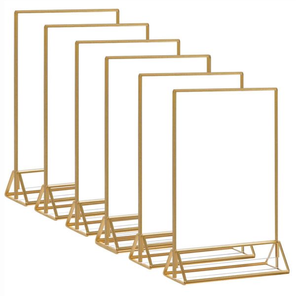 HIIMIEI Acrylic Gold Sign Holder, 5x7 Gold Acrylic Picture Frames Clear Double Sided Menu Holder for Wedding Table Number 6 Pack