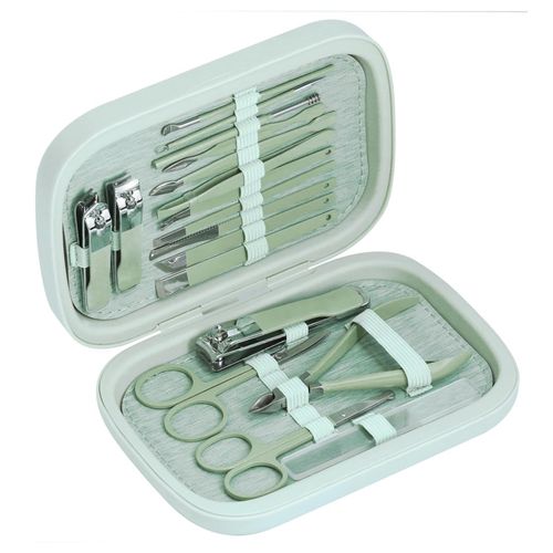 CAZURA 18 Piece Manicure Set, Professional Stainless Steel Nail Care Tools, Portable Professional Grooming Kit, For Friends & Family, For Men & Women (Green)