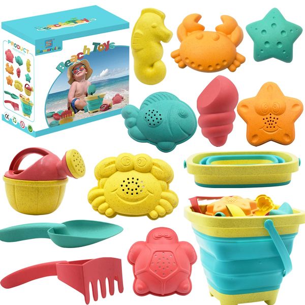 Beach Toys for Kids - Sand Toys Set Includes Collapsible Sand Bucket Shovel and Sand Rake Toys for Beach 12 PCS, Sandbox Toys Sandcastle Building Kit with Waterproof Net (A)