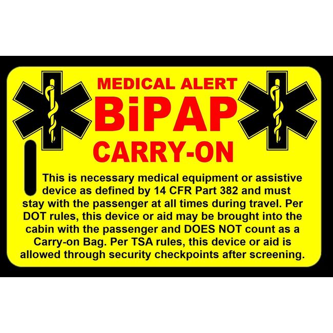 Safety Yellow Carry-On BiPAP  Bag Tag - TSA - Sleep Apnea