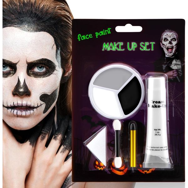 Beteligir Grey Black White Face Paint + 1PC Sponge + Brush+ Black Stick+ White Cream. Face Painting Kit for Halloween Skeleton Skull, Clown Cosplay, SFX Special Effect and Theme Parties (01)