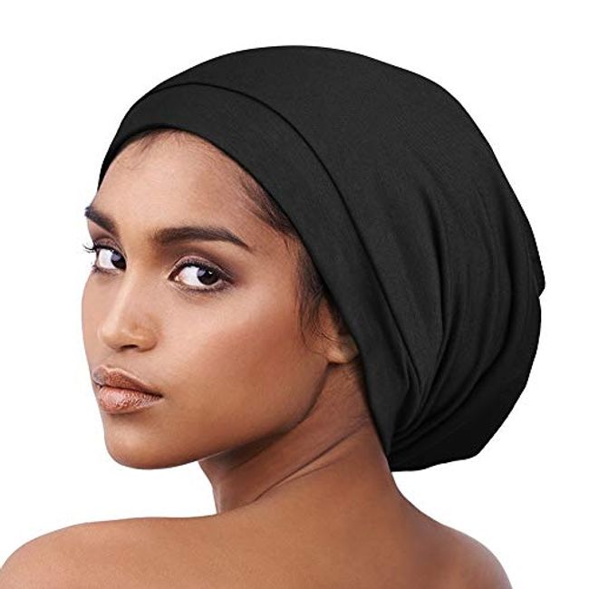 Alnorm Cozy Satin Lined Slouchy Beanie Cap with Soft Elastic Band for Women Black