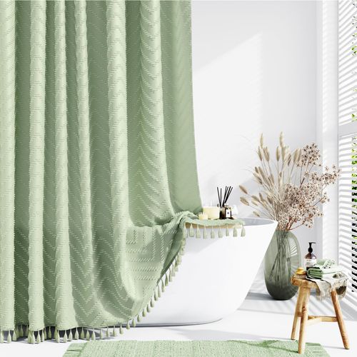 Dynamene Stall Fabric Shower Curtain, 60x72 inch Narrow Boho Tufted Chevron Striped Cloth Bathroom Shower Curtain, Weighted Neutral Waterproof Shower Curtain Set, 10 Hooks, Wrinkle Free, Sage Green