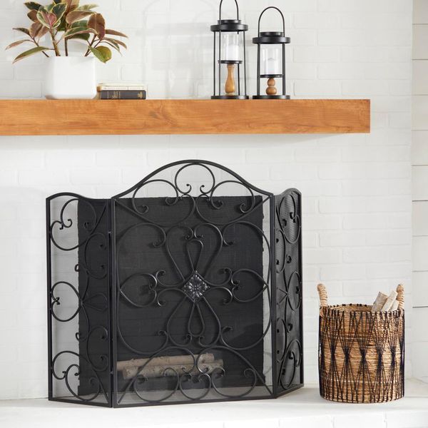 Litton Lane 36"H Metal Scroll Foldable 3-Panel Fireplace Screen W/ Mesh Netting