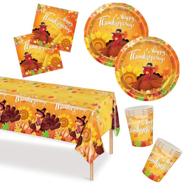 53PCS Tableware Set Thanksgiving Day Party Tableware Set,Thanksgiving Disposable Dinnerware Set Thanksgiving Day Decor Plastic Tablecloth,Paper Plates Napkins Cups for Thanksgiving Day Party Supplies