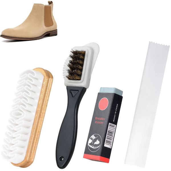 4 PCS Suede Brush Nubuck Brush, Suede Shoe Cleaning Brush, Nubuck Cleaner, Brass Bristles Shoe Brush with Eraser and Clean Cloth, Easy Stain Removal Cleaning Tools