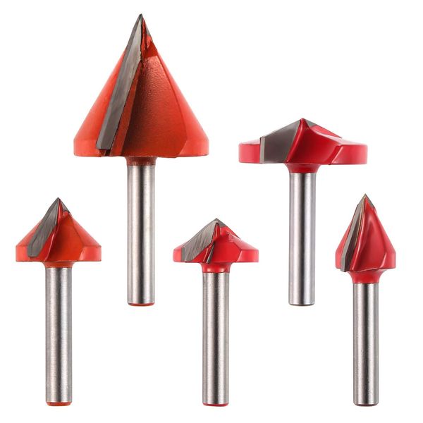 Genmitsu V-Groove Trimmer Bit, 0.2 inch (6 mm) Axis, 60° 90° 120° 150° Router Bit, Carbide Electric Trimmer, CNC Router, For Wood Processing, Set of 5, VG05A