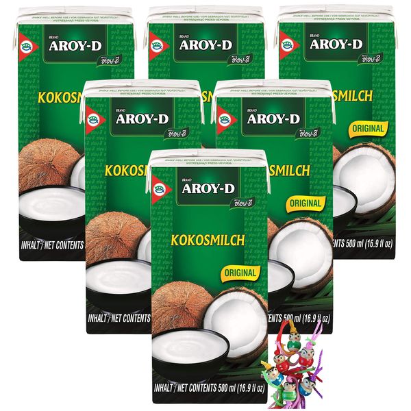 yoaxia ® - 6er Pack - [ 6x 500ml ] AROY-D Kokosmilch Kokosnussmilch Cocosmilch, Coconut Milk + ein kleiner Glücksanhänger gratis