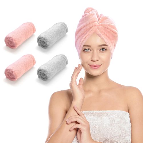 Homewear 4 Pack Microfiber Hair Wrap Towels, Drying Turbans for Wet Hair, Dry Towel for Women Anti Frizz, Light Grey/Blush