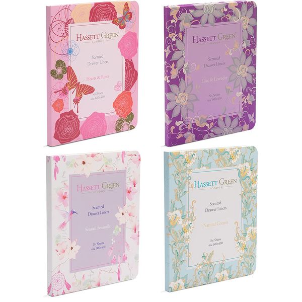 Hassett Green London Four Pack Scented Drawer Liners - Natural Cotton - Lilac & Lavender - Hearts & Roses - Sensual Sensuelle - 6 Sheets size 600 x 400 In Every Box