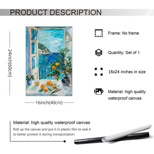 OMANI Blue Coastal Landscape Poster Open Window Canvas Wall Art Impressionist Mediterranean Oranges Oil Painting for Gallery Aesthetic Wall Decor 16X24 inch Unframed