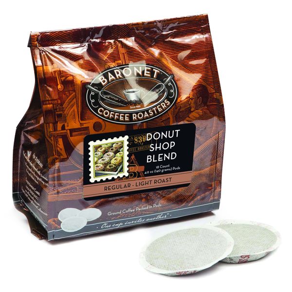 Baronet Coffee Pods [Donut Shop-54 Pods] Single Cup Use Like Senseo Coffee Pods- 3 Bags of 18 Single Serve 8 Gram Pods, Regular Strength Soft Coffee Pods, Medium Roast [Donut Shop]