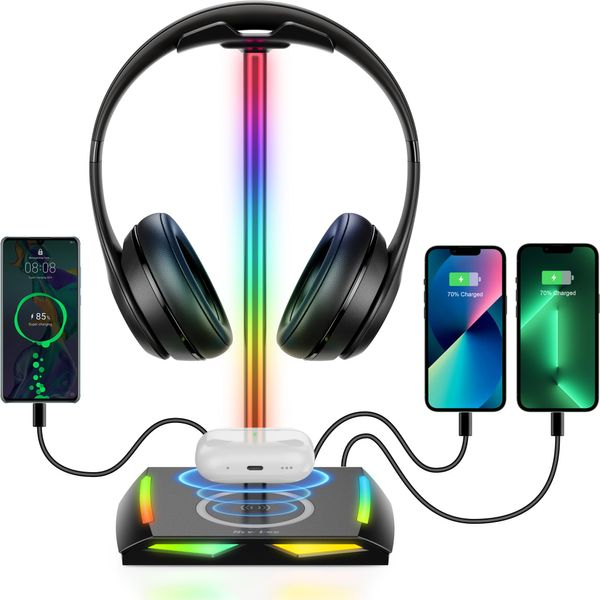 New bee RGB Kopfhörer Ständer mit Wireless Ladegerät,Gaming-Headset-ständer Headset Halterung Wireless Charge Kopfhörer Halter mit 1*USB 2*Typ-C 11 Lighting Effects Modes Schwarz (Z12)