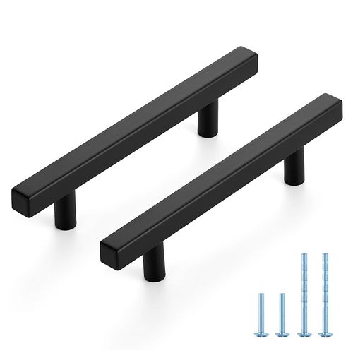 JOY DECOR 10 Pack 4 Inch Matte Black Square Cabinet Handles Stainless Steel Cabinet Hardware Pulls for Kitchen and Drawers with 6-2/5 Inch Overall Length