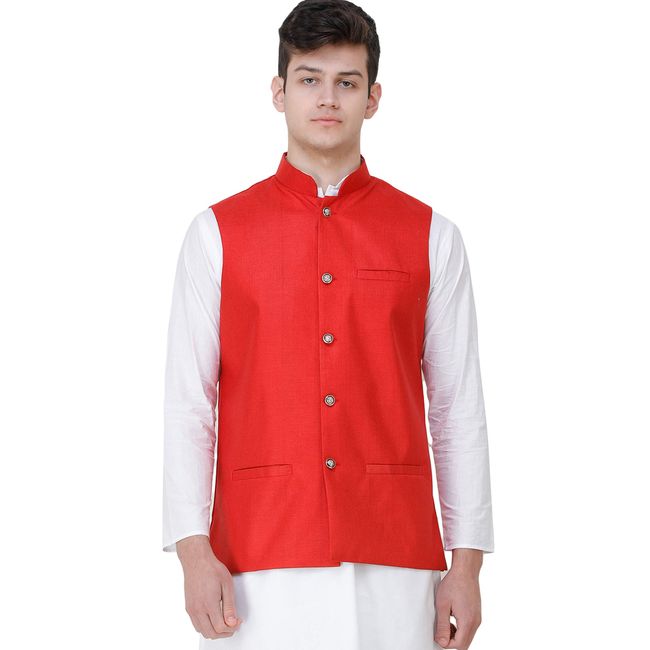 Exotic India Casual Waistcoat with Zero Checks in Weave and Front Pockets - Color Lipstick RedGarment Size 48