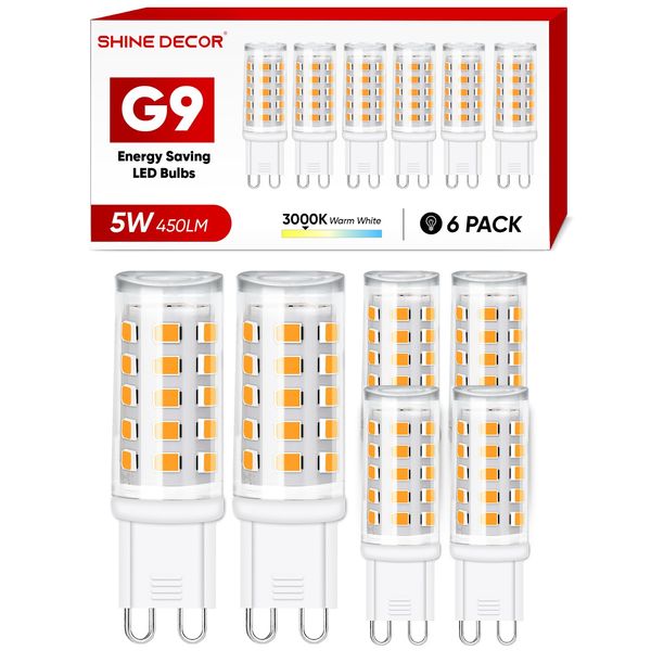 Shine Decor G9 LED Bulbs, 5W Warm White 3000K, LED Light Bulbs Non-dimmable, 450LM, Equivalent to 50W Halogen, Energy Saving LED Light Bulbs for Chandelier Ceiling Lights, 6 Pack