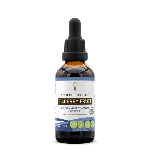 Secrets of the Tribe Bilberry Fruit USDA Organic | Alcohol-Free Extract, High-Potency Herbal Drops, Vision | Made from 100% Certified Organic Bilberry (Vaccinium Myrtillus) Dried Fruit 2 oz