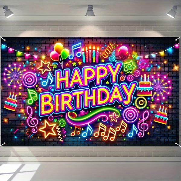 BlissYard Birthday Party Banner 71x43 Inch Neon Birthday Party Decoration for Photography Background Happy Birthday Party Backdrop