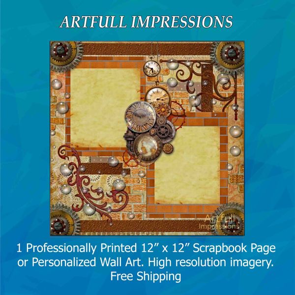 BRICKWORK & GEARS – Steampunk-Inspired  Personalized Wall Art or Scrapbook Page